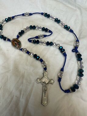 Blue Beaded Rosary Necklace with Crucifix